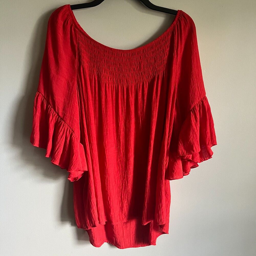 Cato Smocked Boho Peasant Top Women XL Vibrant Red Ruffle Sleeve Crinkle Fabric